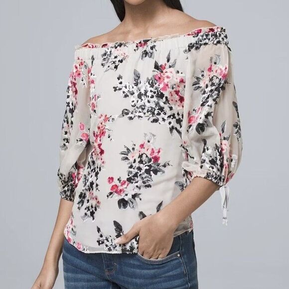 White House Black Market Blouse XS Off Shoulder Silk Blend Floral Textured Top - Picture 15 of 15